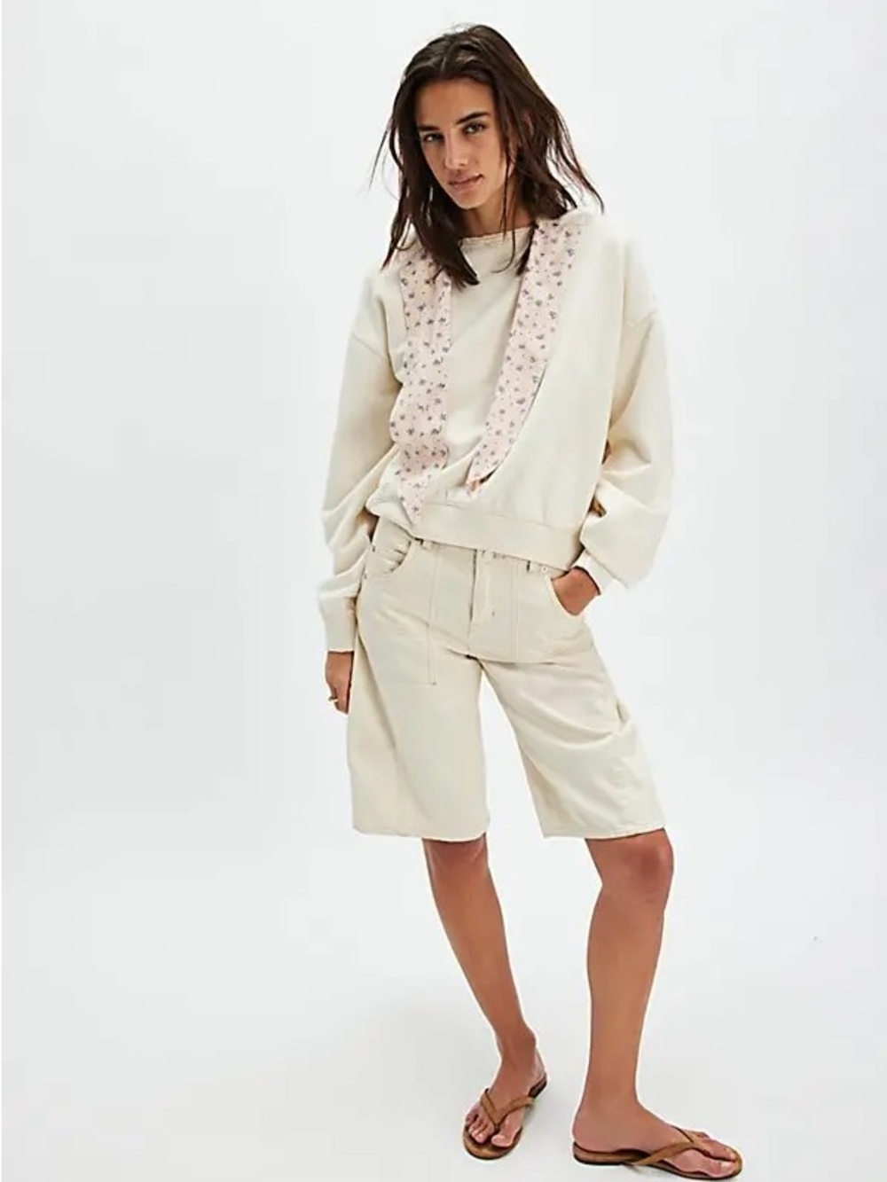 Free People Cream Floral Trim Open Front Neck Tie Hoodie Sweatshirt Womens M